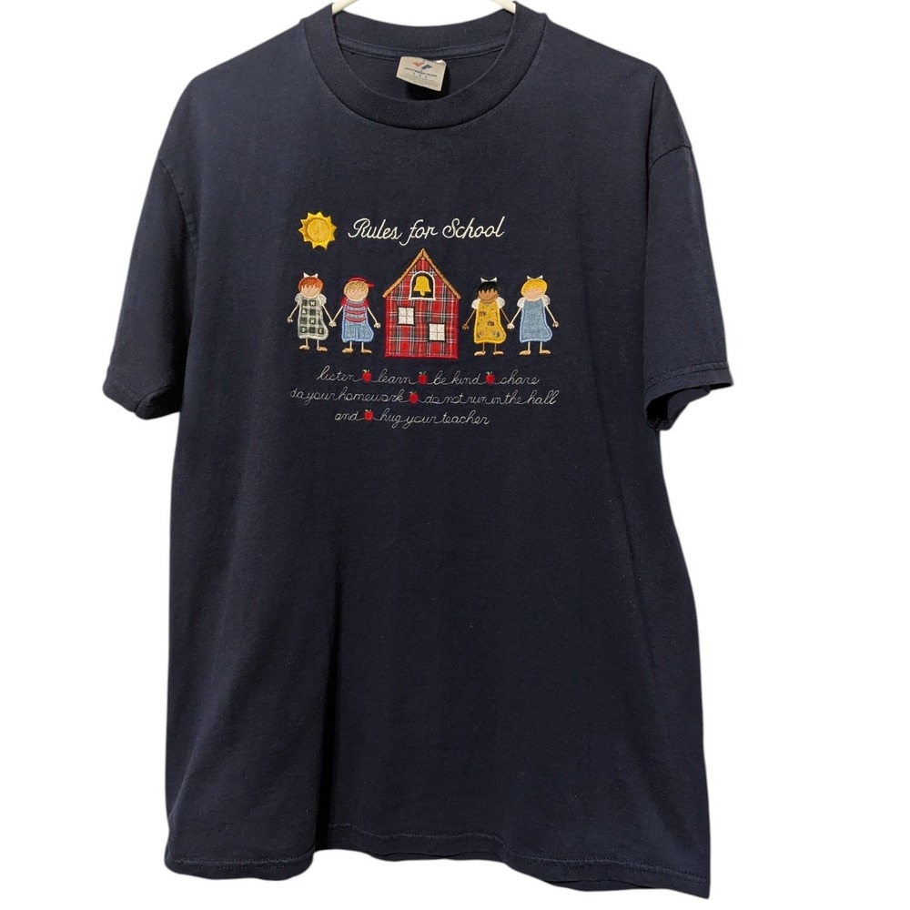 Jerzees Rules for School Embroidered Navy T-Shirt Teacher Schoolhouse Large